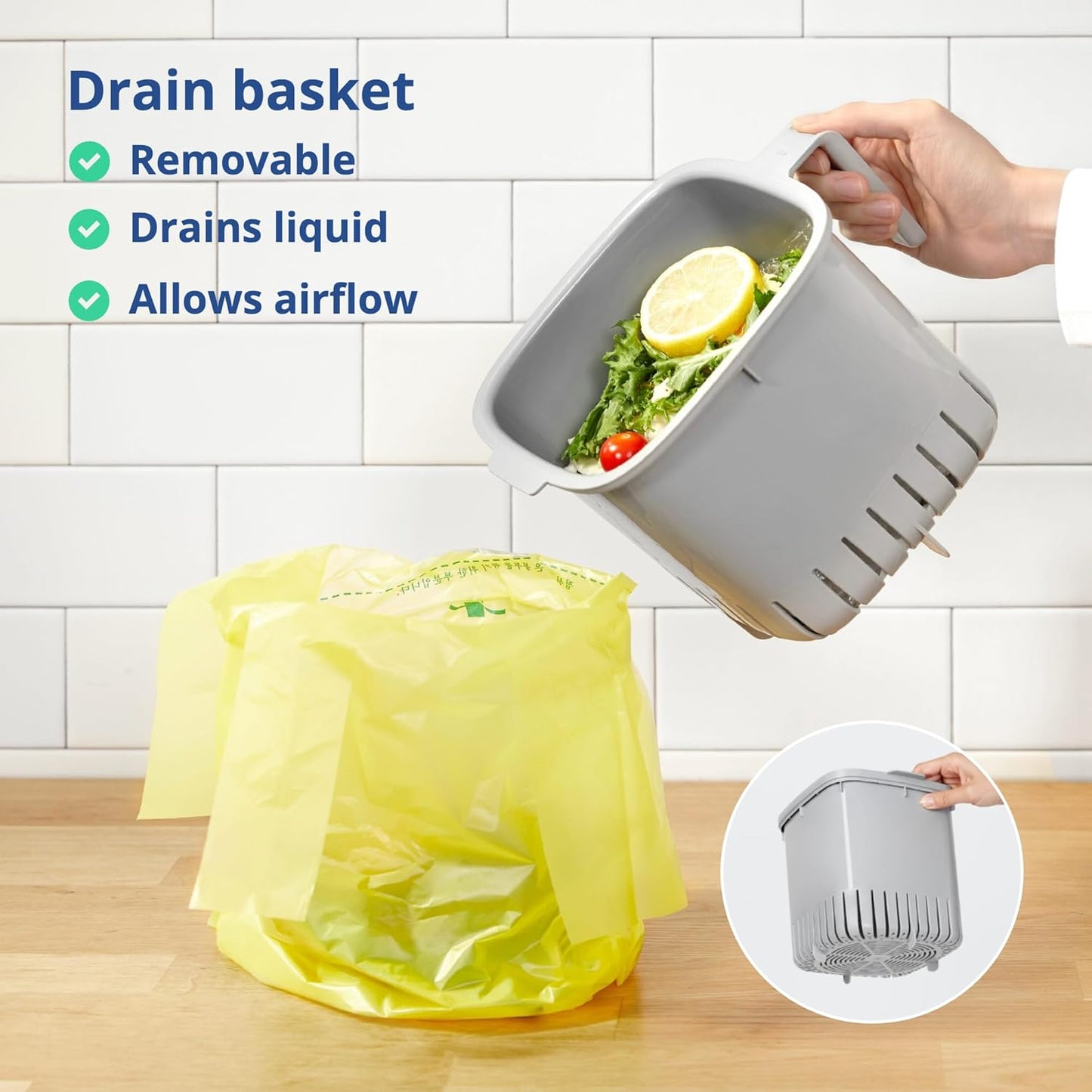 BLUE GINKGO Kitchen Compost Bin [2.6L / 0.69 GAL] – Filter-Free, Odor-Tight Countertop Food Waste Pail with Handles (Made in Korea, Green)