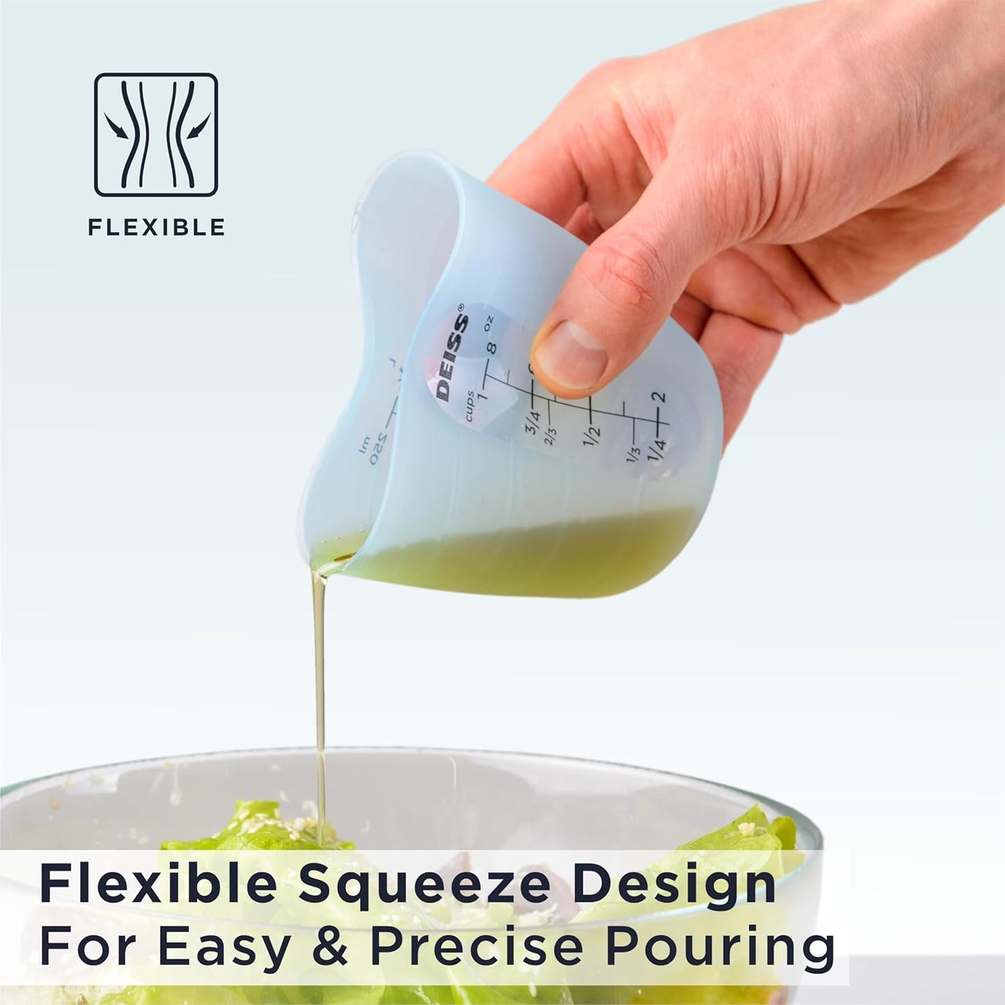 Deiss PRO 3 Piece Silicone Measuring Cup Set - Versatile & Durable, Easy-Pour Spout, Non-Stick for Easy Clean, Heat-Resistant - Squeeze & Pour Liquid Measuring Cups - Ideal for Baking, Cooking, Resin