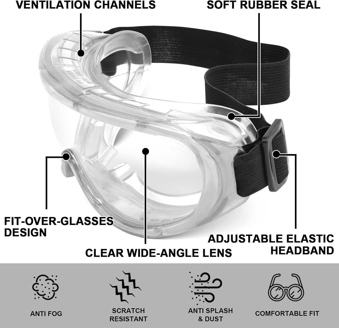 OXG 6 Pack Protective Safety Goggles Anti-Fog, Adjustable Chemical Splash Eye Protection Science Lab Goggles for Women Men