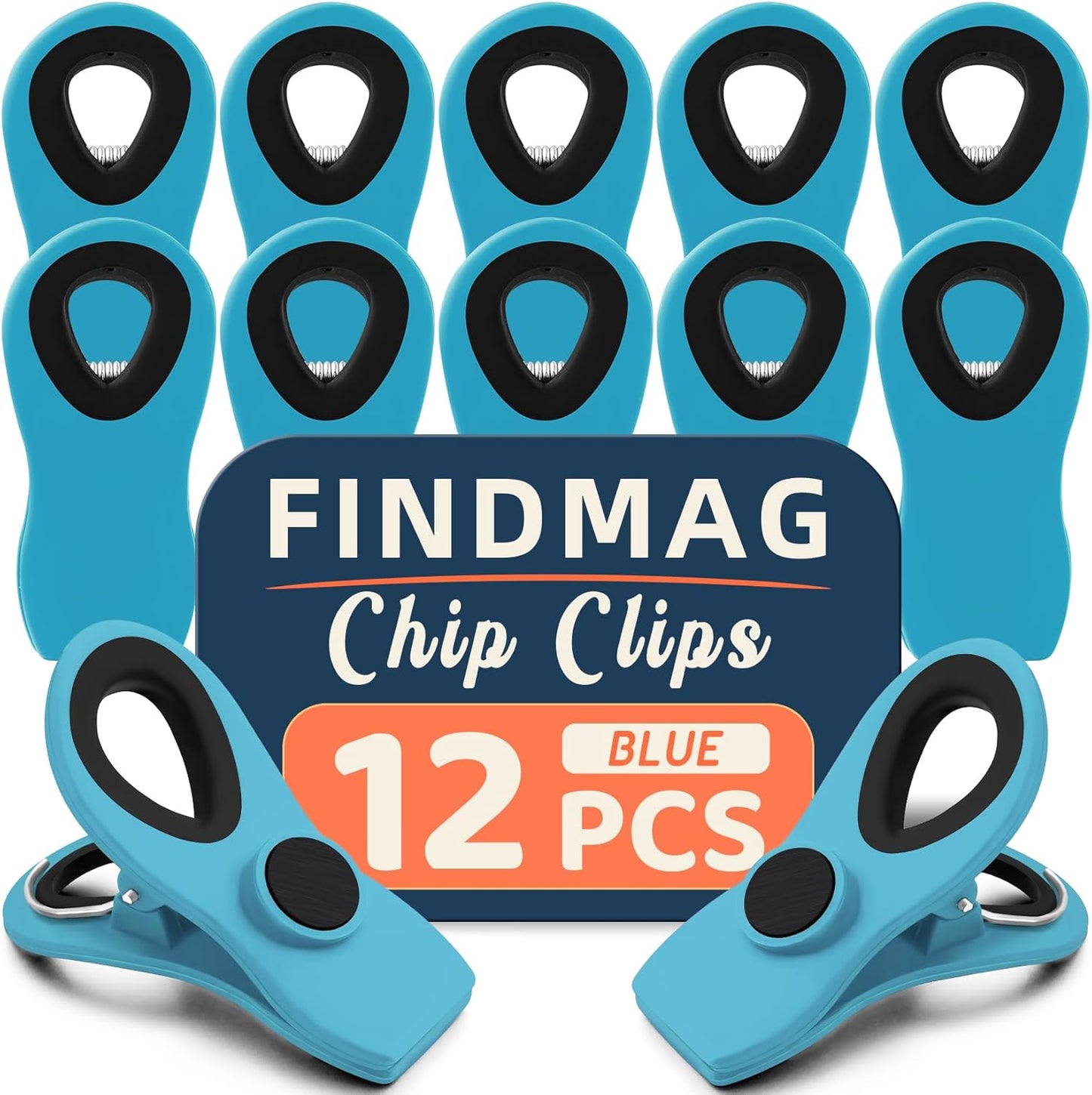 FINDMAG 12 Pack Chip Clips, Big Food Clips Blue Magnetic Clip, Magnetic Bag Clips with Airtight Seal for Chips, Bread, Snacks, Fridge Organize, Kitchen Storage, Note