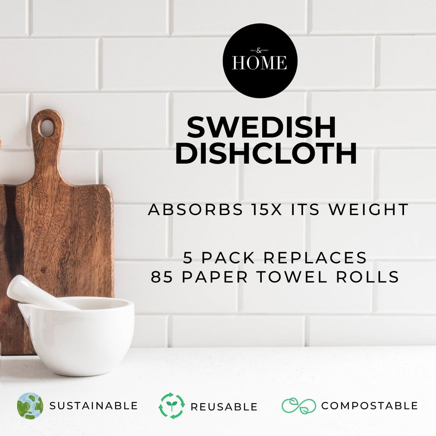 HALL & PERRY Swedish Dishcloths for Kitchen, 5-Pack, Reusable Cellulose Sponge Cloths for Kitchen & Cleaning – Eco-Friendly, Ultra-Absorbent, Quick-Drying (Sage Green)