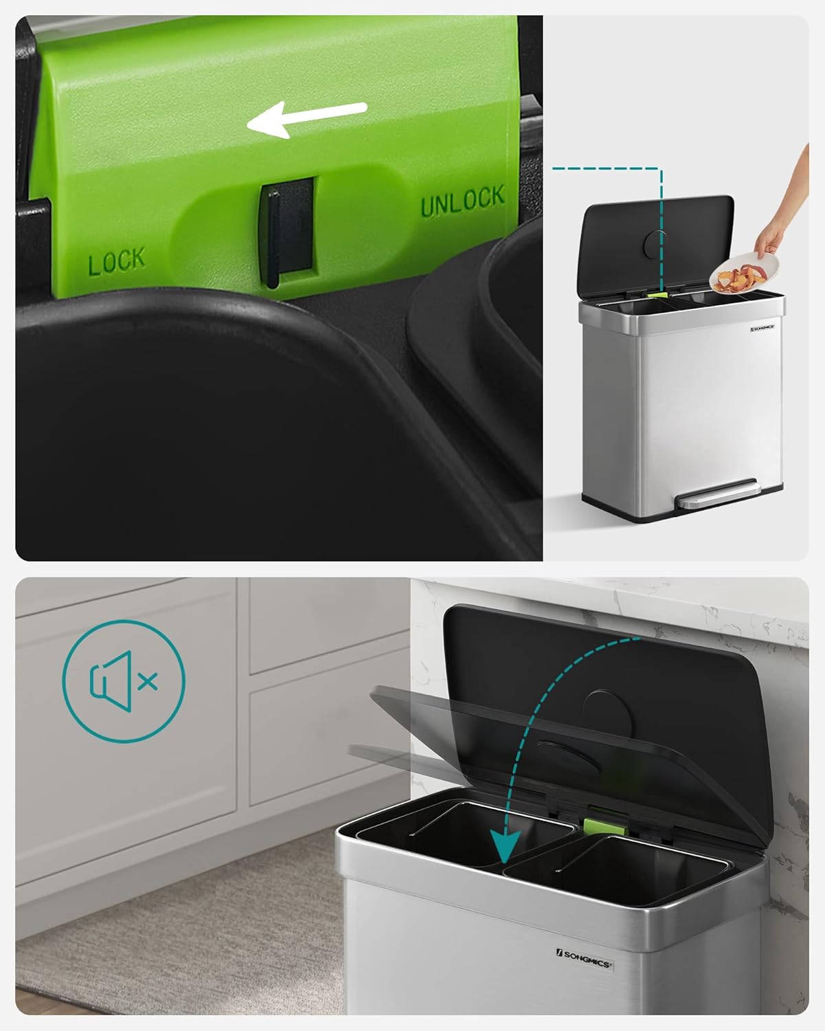 SONGMICS Kitchen Trash Can, 16 Gallon (2 x 8 Gallon) Dual Compartment Garbage Can, 60L Pedal Recycling Bin, Stays Open and Soft Close, Stainless Steel, 15 Bags Included, Metallic Silver ULTB202E01