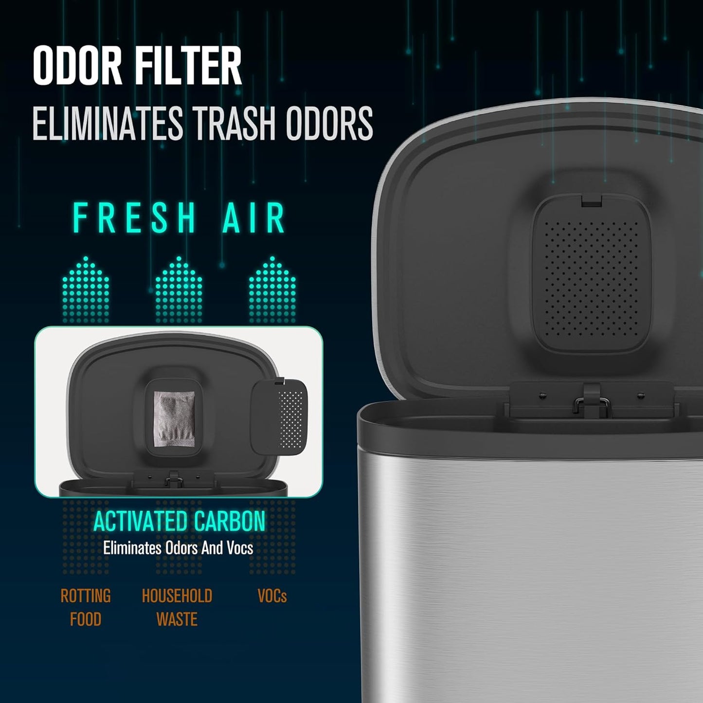 13 Gallon Stainless Steel Foot Pedal Large Trash Can with Soft Close Quiet Curved Surface Top Lid and Deodorant Storage Space, with 30 Garbage Bags for Kitchen/Home/Office Trash can and More - Silver