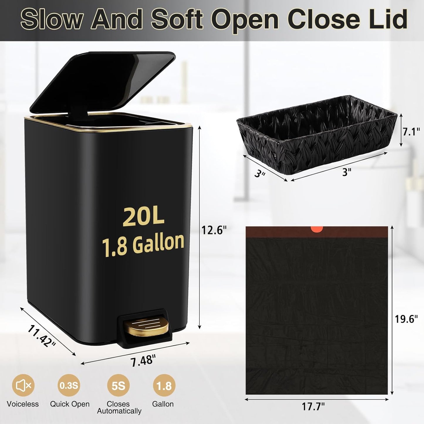 Small Bathroom Trash Can with Lid Soft Close, 1.8 Gallon Stainless Steel Garbage Can with Removable Inner Bucket,Wicker Storage Baskets,75Count Trash Bags, Slim Step Pedal Trash Bins