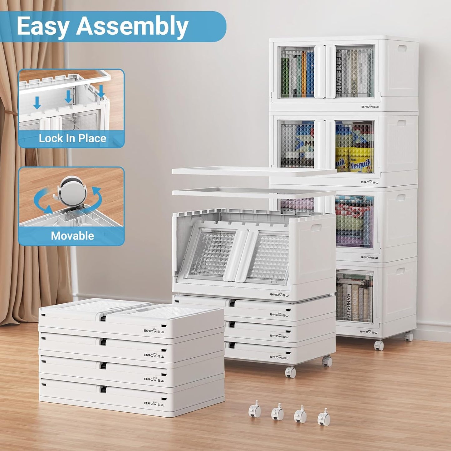 BROVIEW 400 Qt Stackable Storage Bins with Lids & Doors, 4 Pack Plastic Closet Organizer and Storage Drawers with Wheels, Large Collapsible Storage Boxes, Cabinet for Home, Office, V10, White