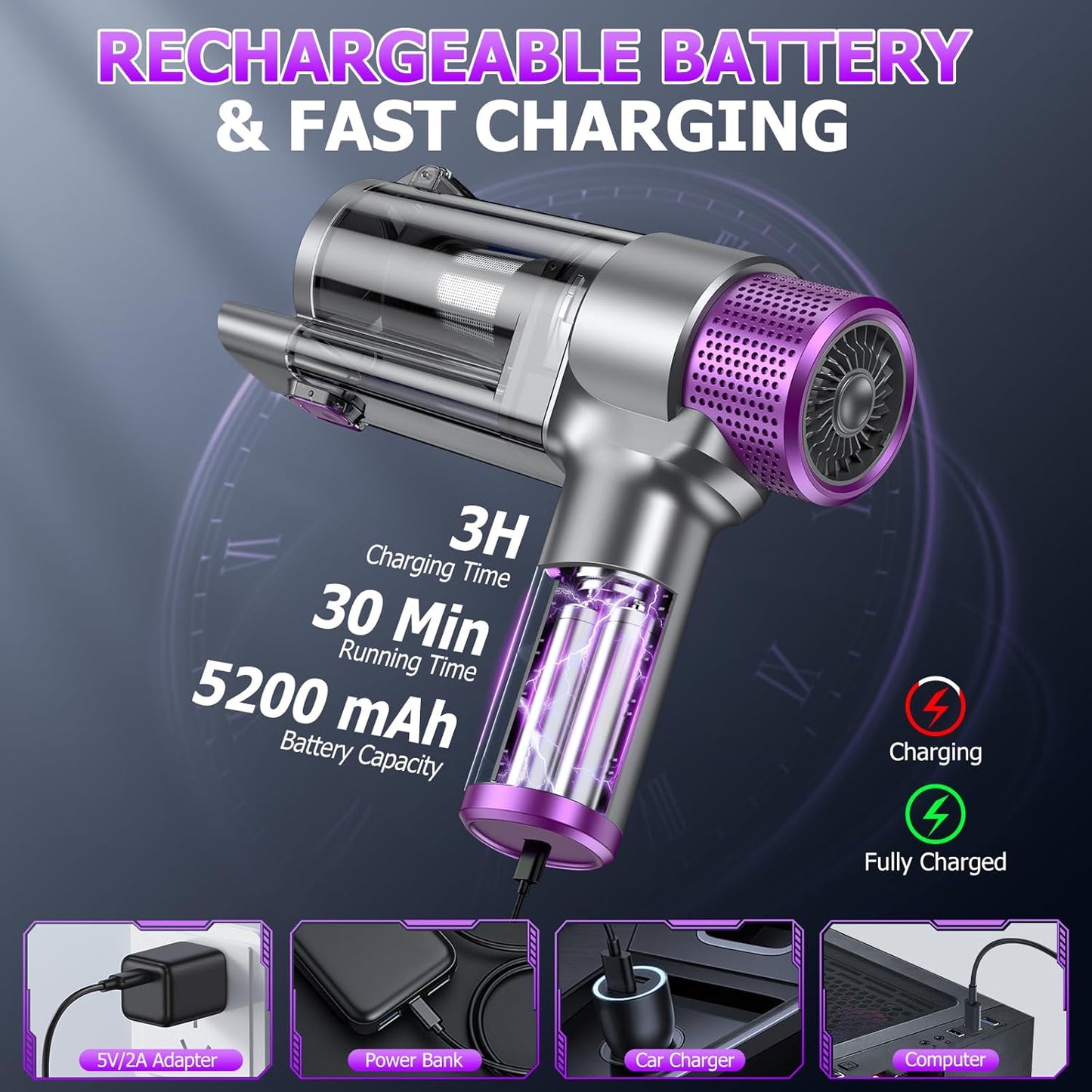 EYYA Handheld Car Vacuum Cleaner Cordless, 16000PA Powerful Hand Held Vacuum Cordless Rechargeable, 4-in-1 Portable Mini Vacuum & Air Duster with Multi-Nozzles and LED Light for Car Home Office