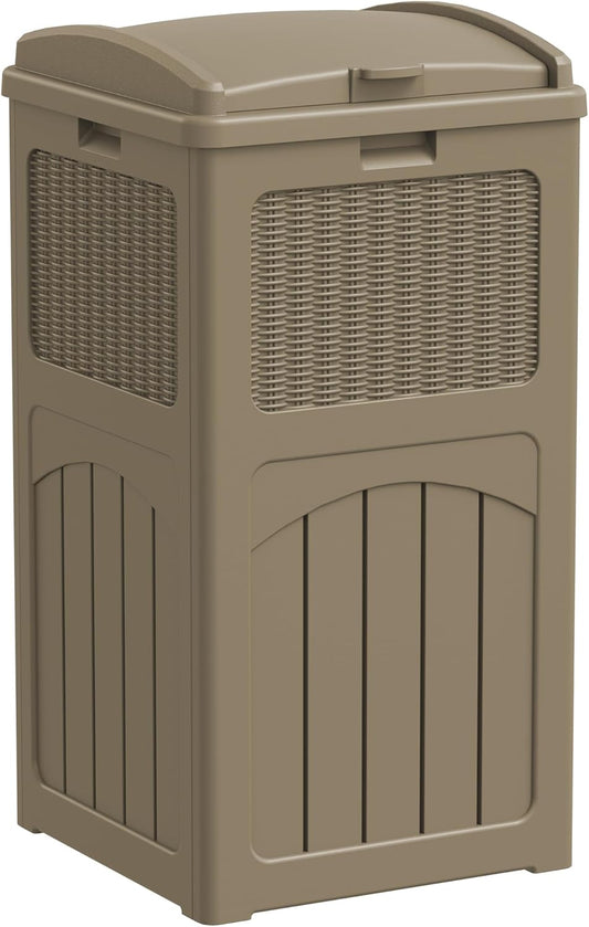 Greesum 33 Gallon Resin Outdoor Trash Can with Lid, Waterproof Resin Garbage Bin for Hideaway, Patio, Deck, Light Brown