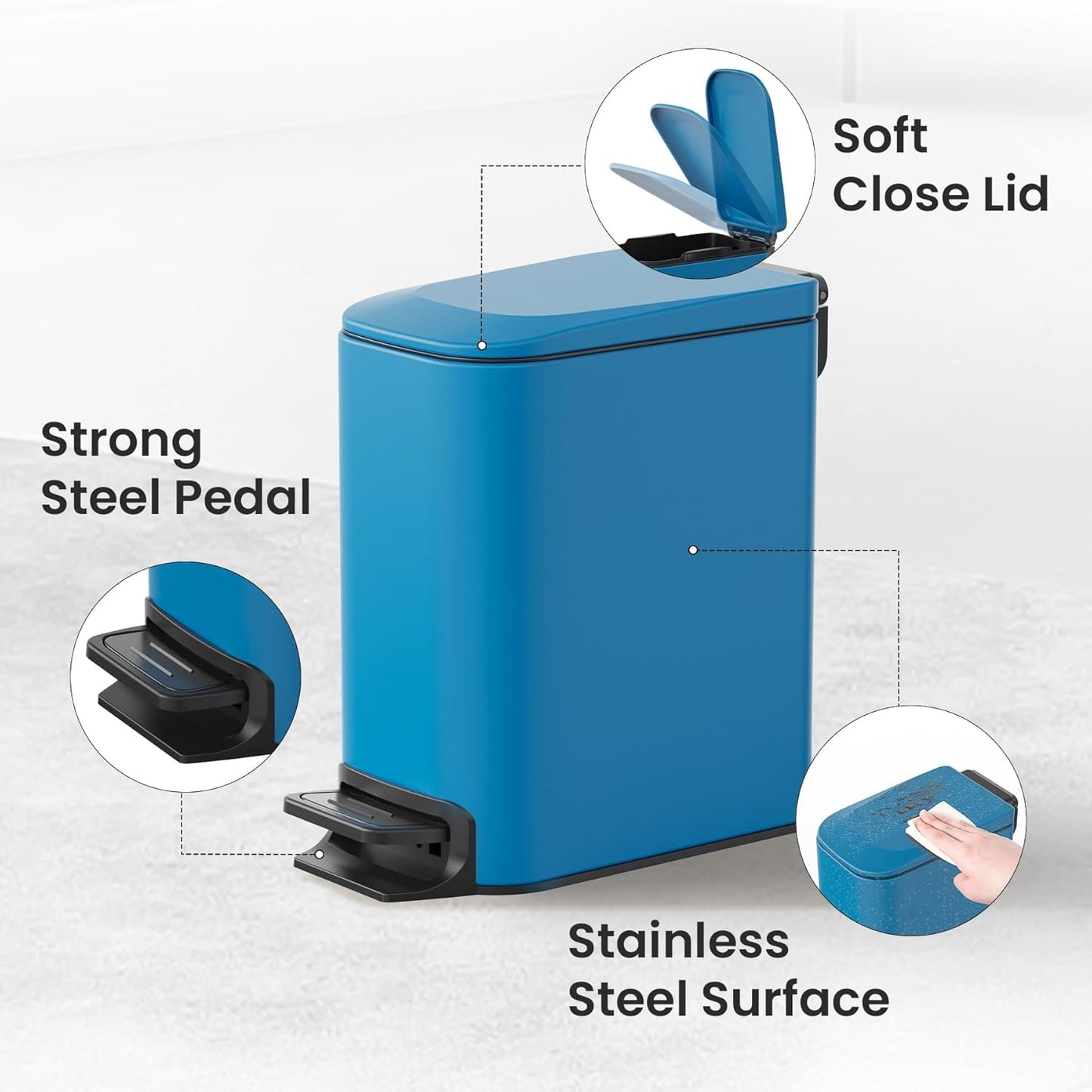 Cesun Small Bathroom Trash Can with Lid Soft Close, Step Pedal, 6 Liter / 1.6 Gallon Stainless Steel Garbage Can with Removable Inner Bucket, Anti-Fingerprint Finish (Blue)