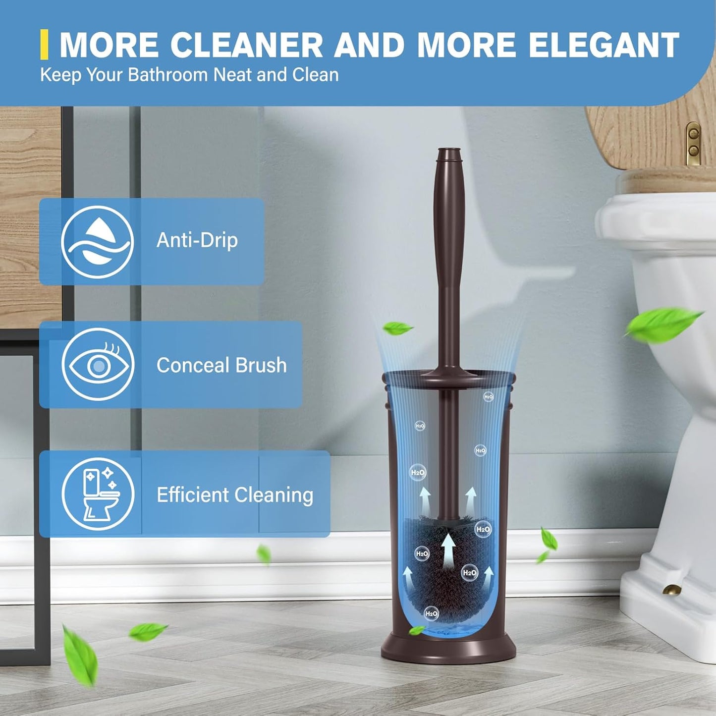 UPTRONIC Toilet Brush, Aluminum Alloy Toilet Brush and Holder Set with Extra Long Handle Durable Bristles Toilet Bowl Brush and Covered Holder for Toilet Scrubber for Bathroom Cleaning(Brown)