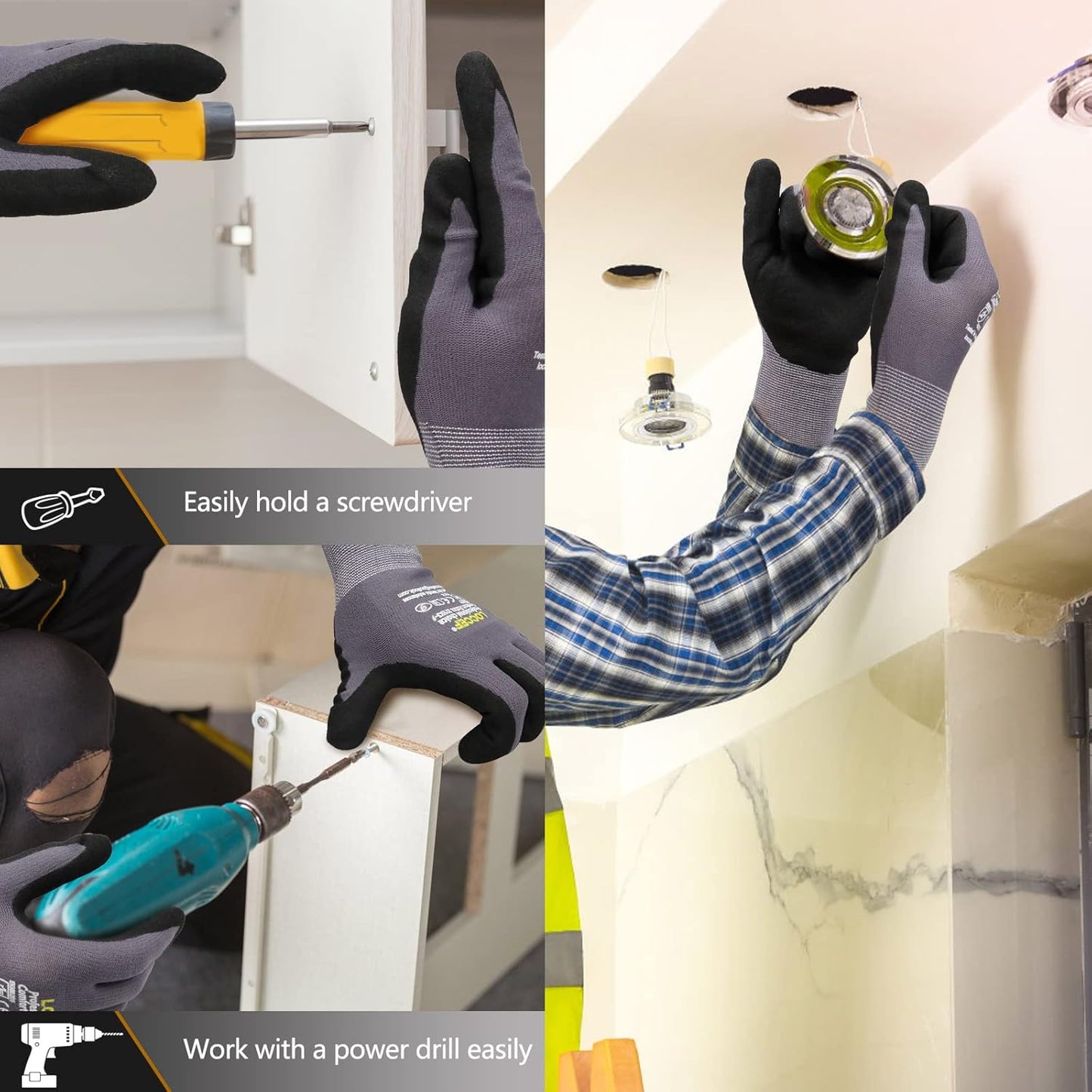 LOCCEF Work Gloves MicroFoam Nitrile Coated-6 Pairs,Seamless Knit Nylon Gloves,Gray Work gloves