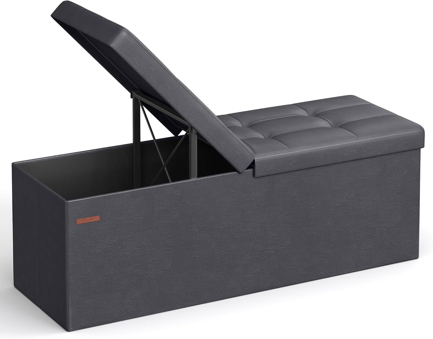 SONGMICS MAZIE Collection - 43 Inches Storage Ottoman Bench with Flipping Lid, Storage Chest with Iron Frame Support, Load 660 lb, for Living Room, Bedroom, Synthetic Leather, Dark Gray ULSF075G01