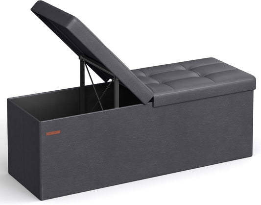 SONGMICS MAZIE Collection - 43 Inches Storage Ottoman Bench with Flipping Lid, Storage Chest with Iron Frame Support, Load 660 lb, for Living Room, Bedroom, Synthetic Leather, Dark Gray ULSF075G01