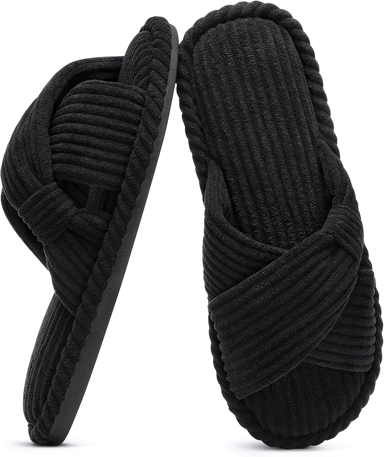 Evshine Summer House Slippers for Women Corduroy Cross Bow Indoor Slippers Open Toe Slip On Bedroom Shoes with Memory Foam