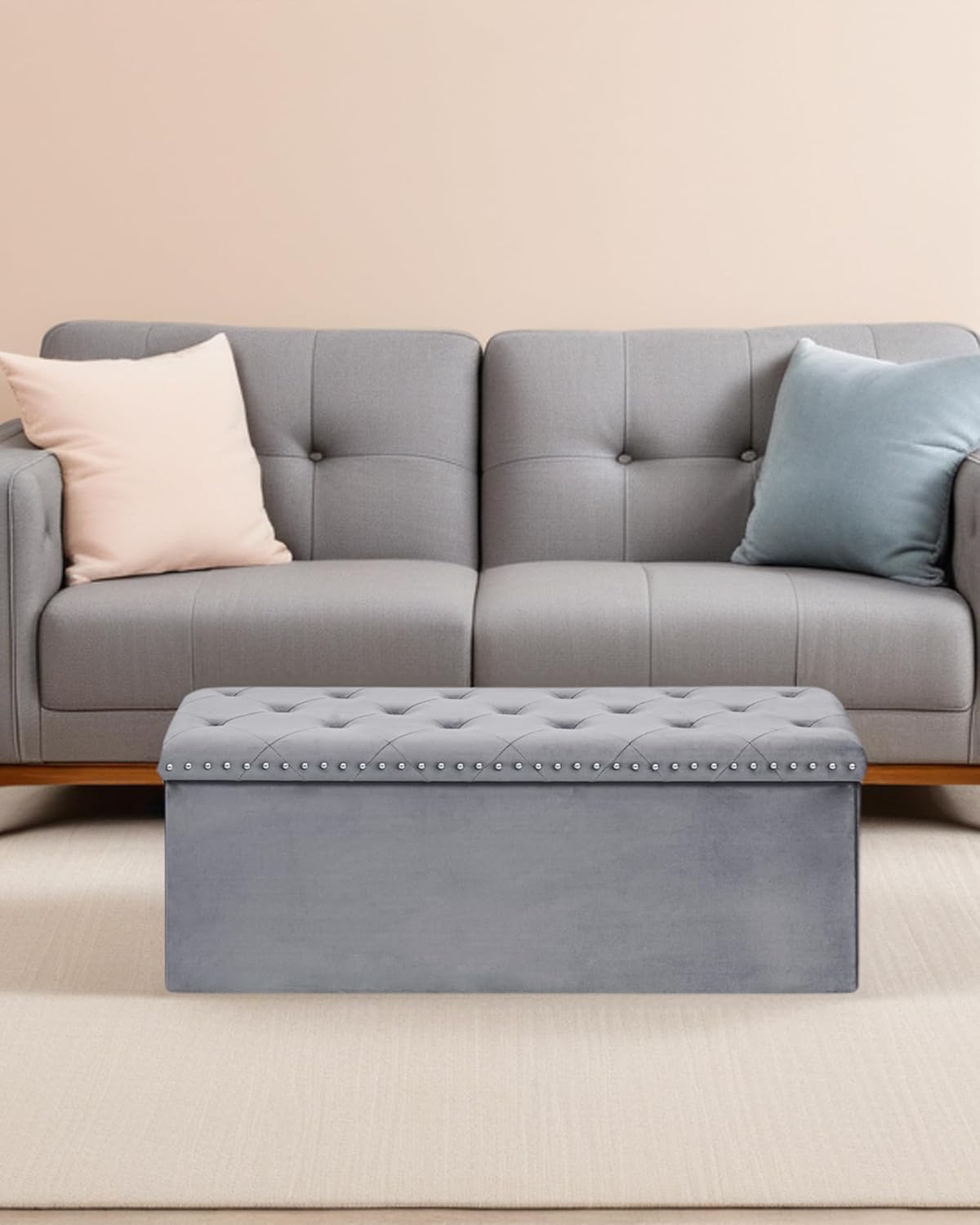 Velvet Storage Ottoman Bench, 43.3" Folding Ottoman with Rivet Trim, Heavy-Duty Upholstered Entryway Bench, Sturdy Footrest and Seat for Bedroom, Living Room, Holds up to 660 LBS, Grey