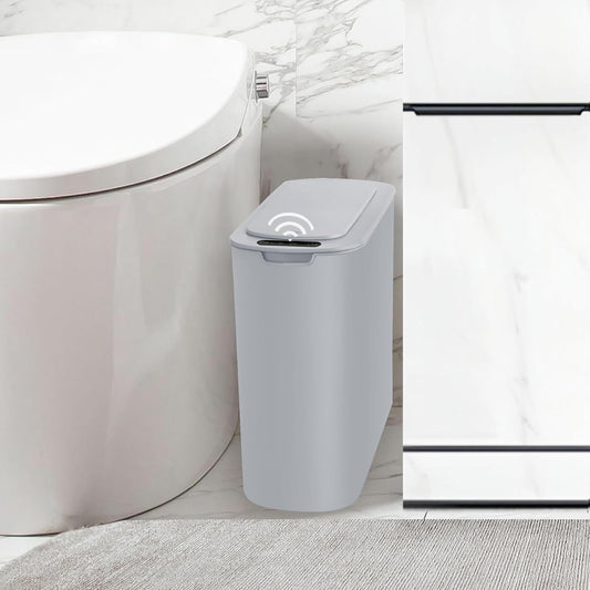 Automatic Motion Sensor Bathroom Trash Can with Lid, 2.6 Gallon Touchless Trash Bin, Smart Garbage Can Plastic Slim Wastebasket for Bedroom, Office, Dorm (Grey)