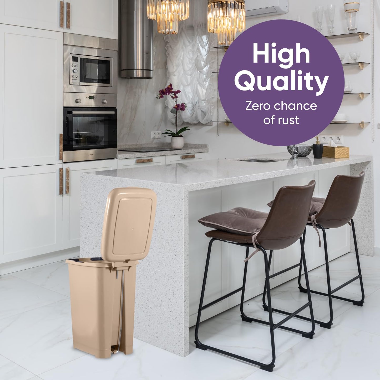 Superio Slim Step On Trash Can, Beige Waste Bin with Foot Pedal Lid 26 Liter, Kitchen, Under Desk, Office, Bedroom, Bathroom (2, 4 Gallon)