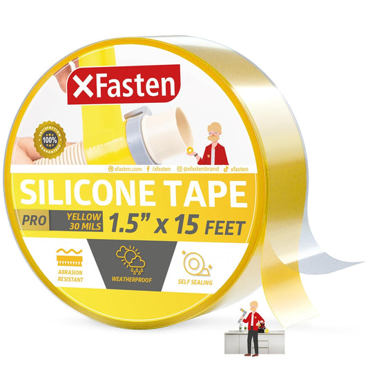 XFasten Self-fusing Silicone Tape Pro, Yellow, 1.5-Inch x 15-Feet, 30mils Non-Adhesive Thick Silicone Repair Tape for Leaky Pipe Drain, Tool Grip, Electrical Wires, PVC Pipe Leak, and Water Sealing