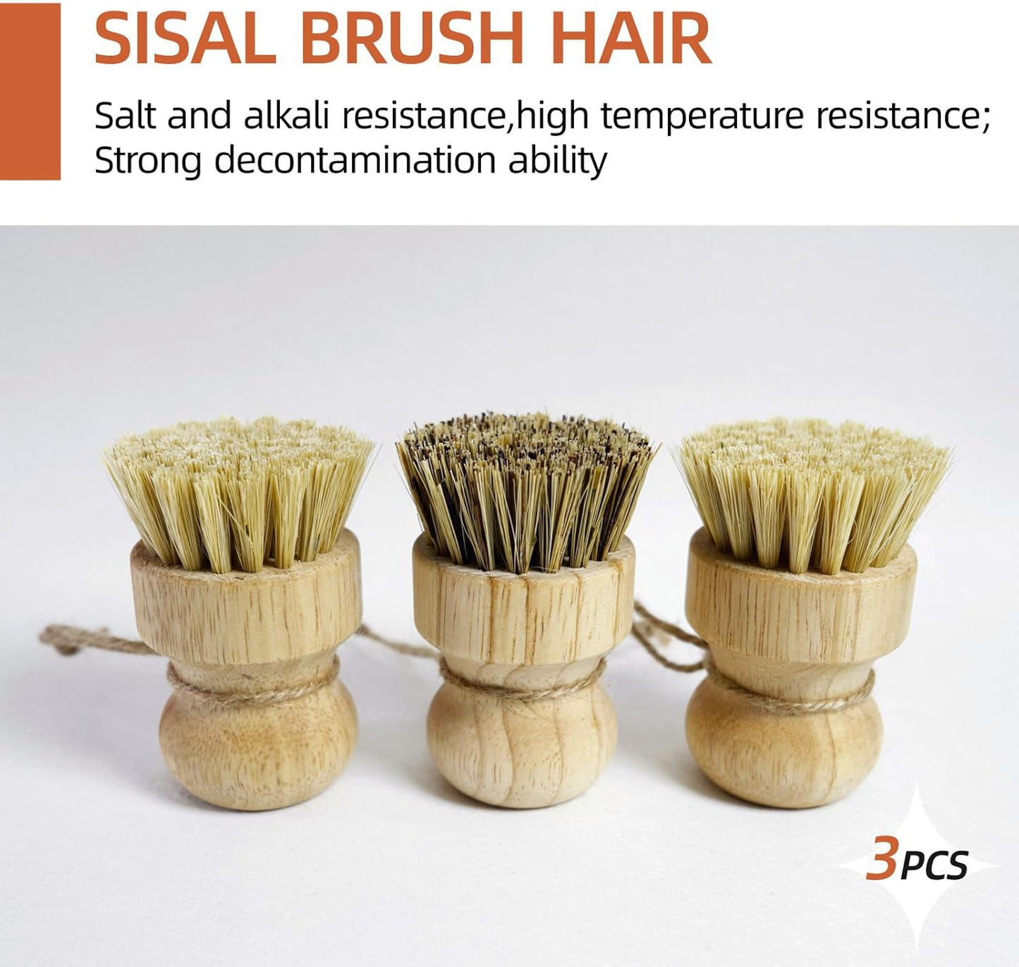 Bamboo Pot & Pan Cleaning Brush Set - 3 Pack Natural Dish Brushes Bamboo Scrub Dish Brushes, Durable Scrubber for Kitchen Pots, Pans, Vegetables & Fruit