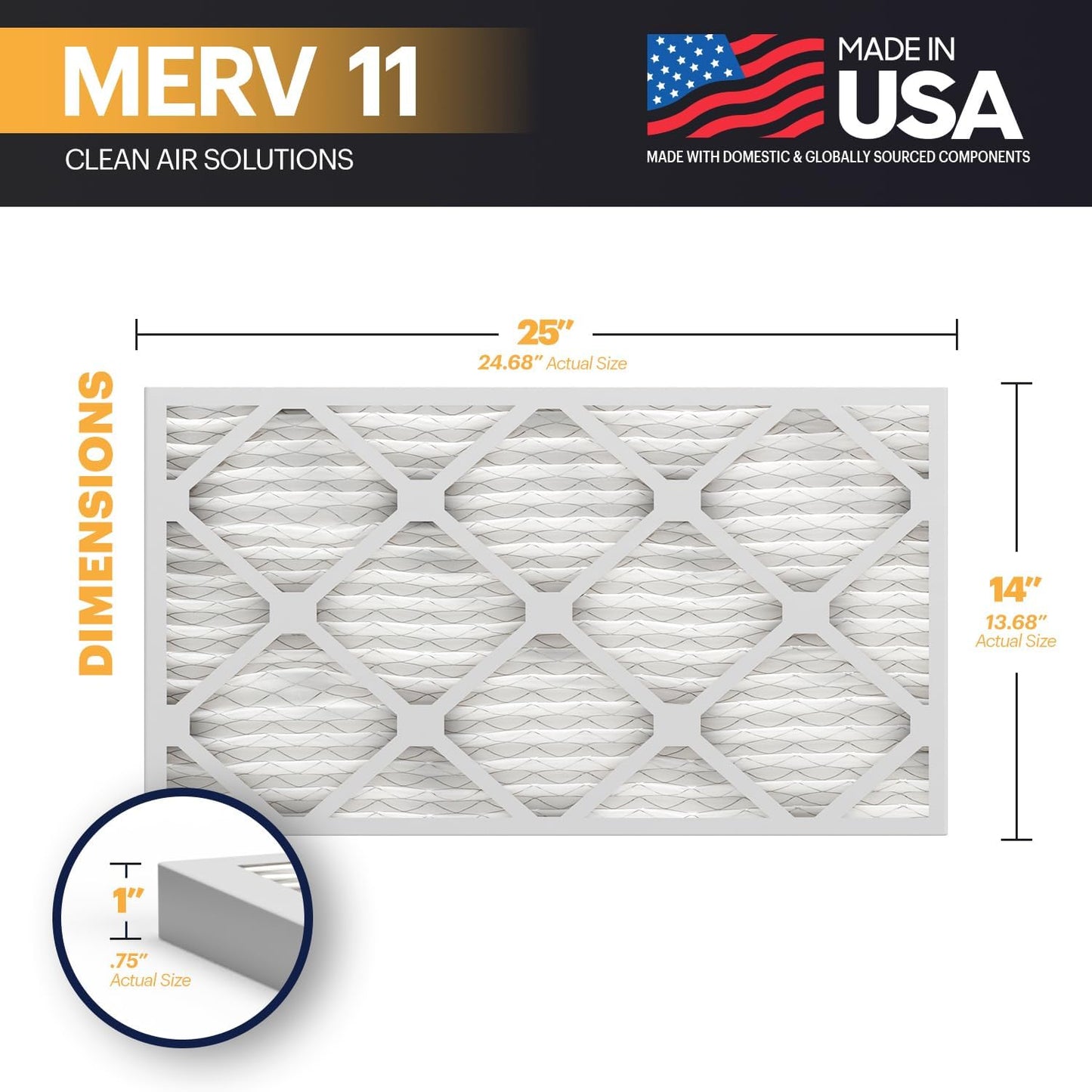 BNX TruFilter 14x25x1 Air Filter MERV 11 (6-Pack) - MADE IN USA - Allergen Defense Electrostatic Pleated Air Conditioner HVAC AC Furnace Filters for Allergies, Dust, Pet, Smoke, Allergy MPR 1200 FPR 7