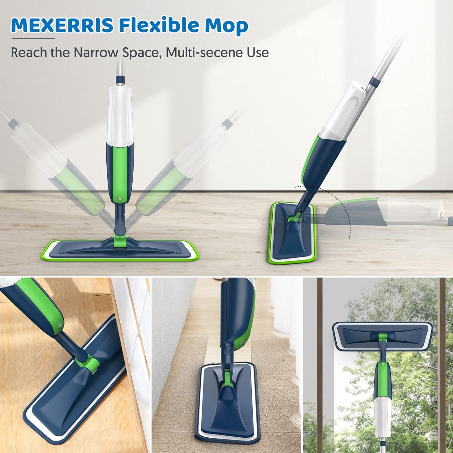 MEXERRIS Spray Wet Mops with 5X Washable Pads for Floor Cleaning, Dust Mops with 2X Bottles Commercial Home Use for Hardwood Laminate Vinyl Tiles Wood Floor, Green