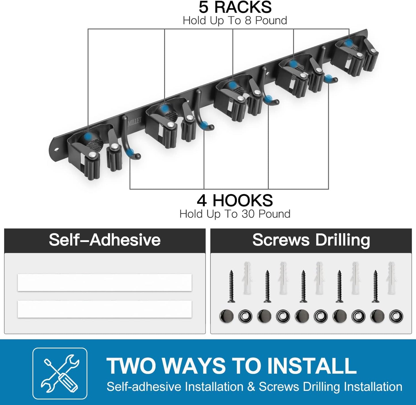 IMILLET Broom Holder Wall Mount, Broom Holder Stainless Steel Heavy Duty Garage Organization Broom Organizer Wall Mount Self Adhesive Laundry Room Organization and Storage（5 Racks and 4 Hooks）