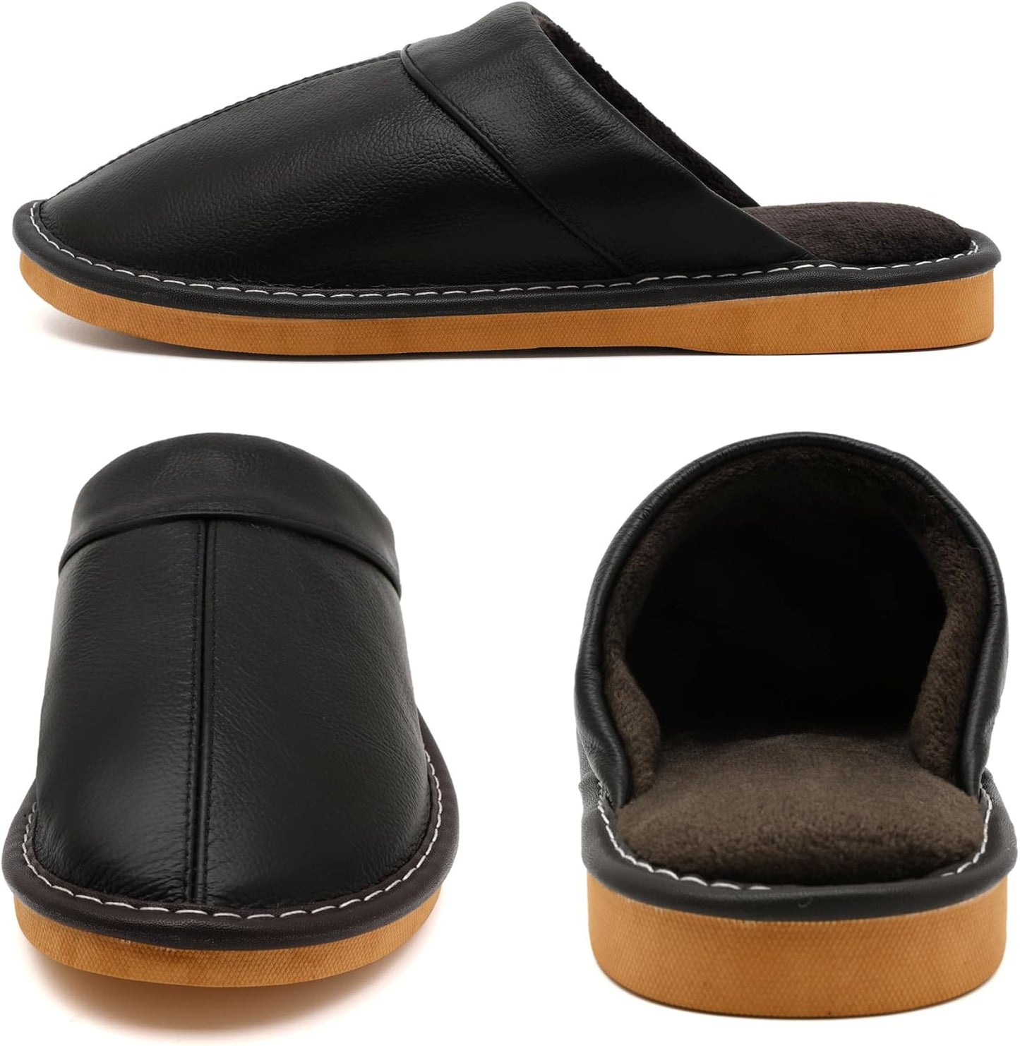 Slippers for Women Men, Genuine Leather Slippers Indoor Outdoor, Fuzzy Bedroom House Shoes for Women Men, Plush Lining Womens Sandals Slip-on