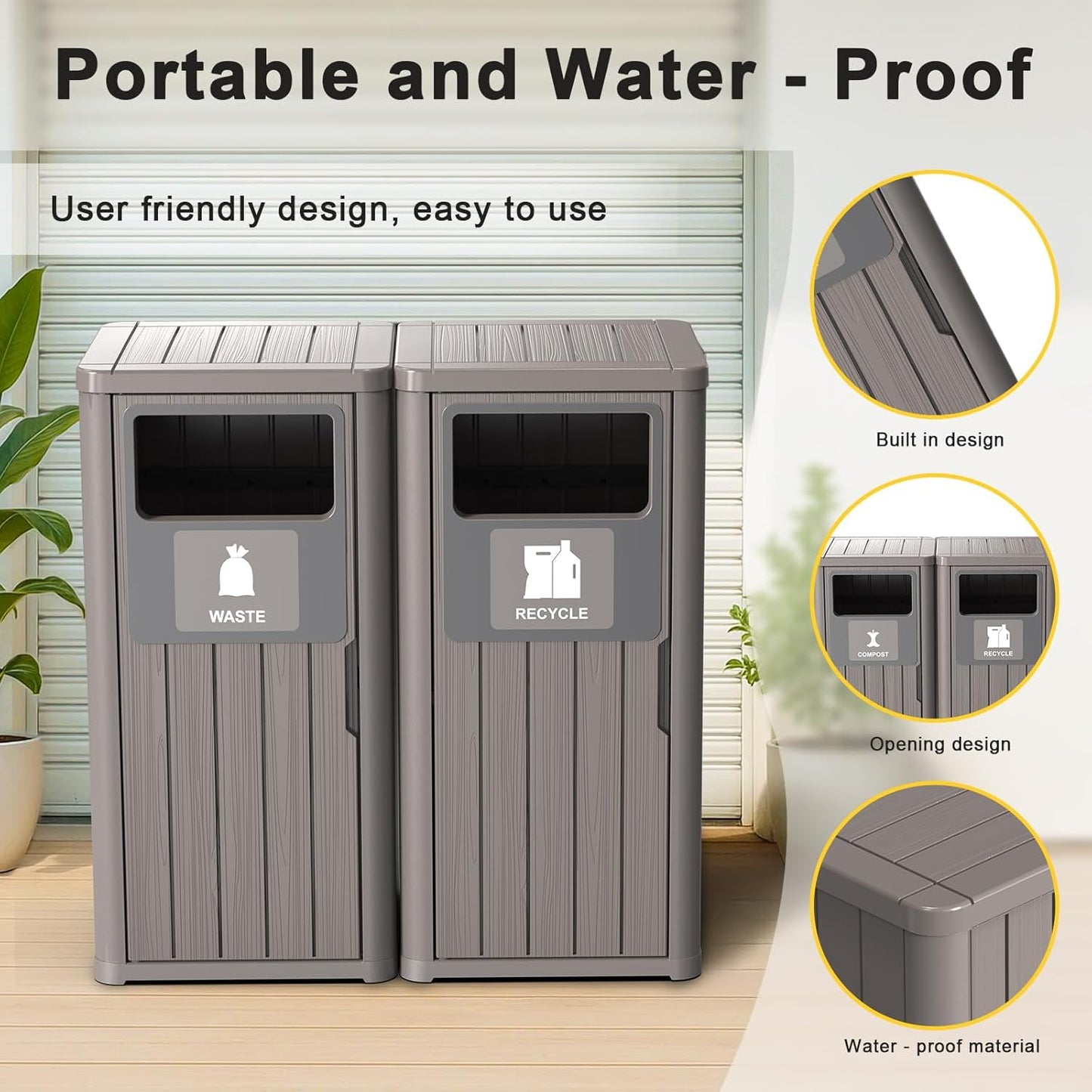 ROJIK 35" Tall Outdoor Trash Can,Weatherproof Resin Garbage Indoor Durable Lightweight,Suitable for Patio Office Kitchen,Easy to Clean,Assemble(Waste&Recycle,Grey)
