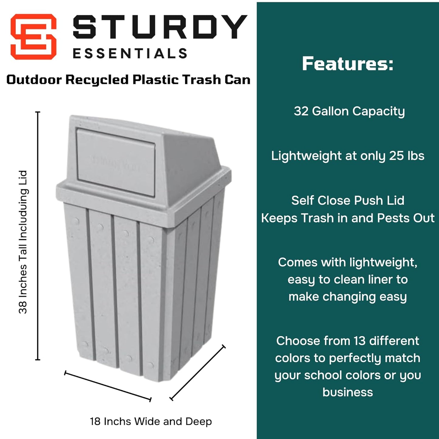 32 Gallon Square Slatted 100% Recycled Plastic Heavy-Duty Commercial Outdoor and Indoor Trash Can with Push Top Lid | Great for Schools and Businesses - Light Granite