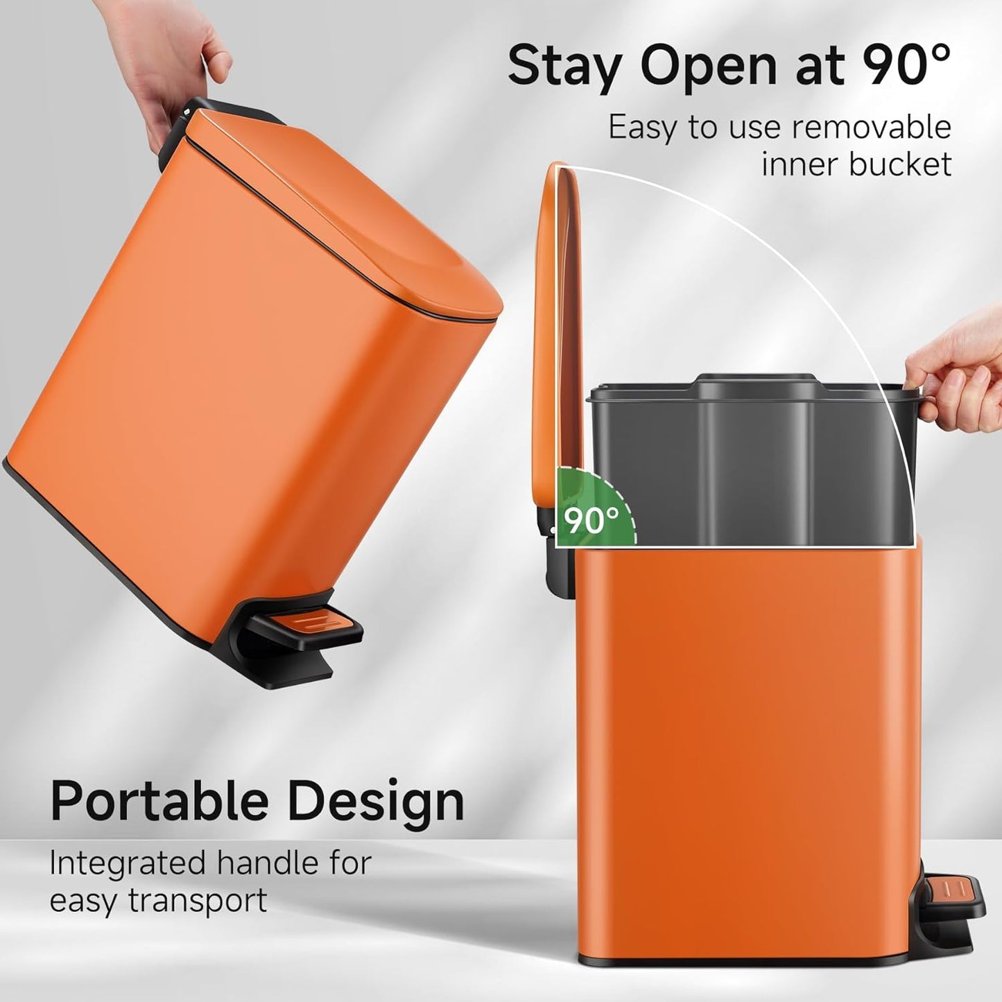 TIPGO Small Bathroom Trash Can with Lid Soft Close, 6 Liter / 1.6 Gallon Stainless Steel Garbage Can with Removable Inner Bucket, Step Pedal, Slim Trash Cans for Bedroom, Office, Kitchen (Orange)