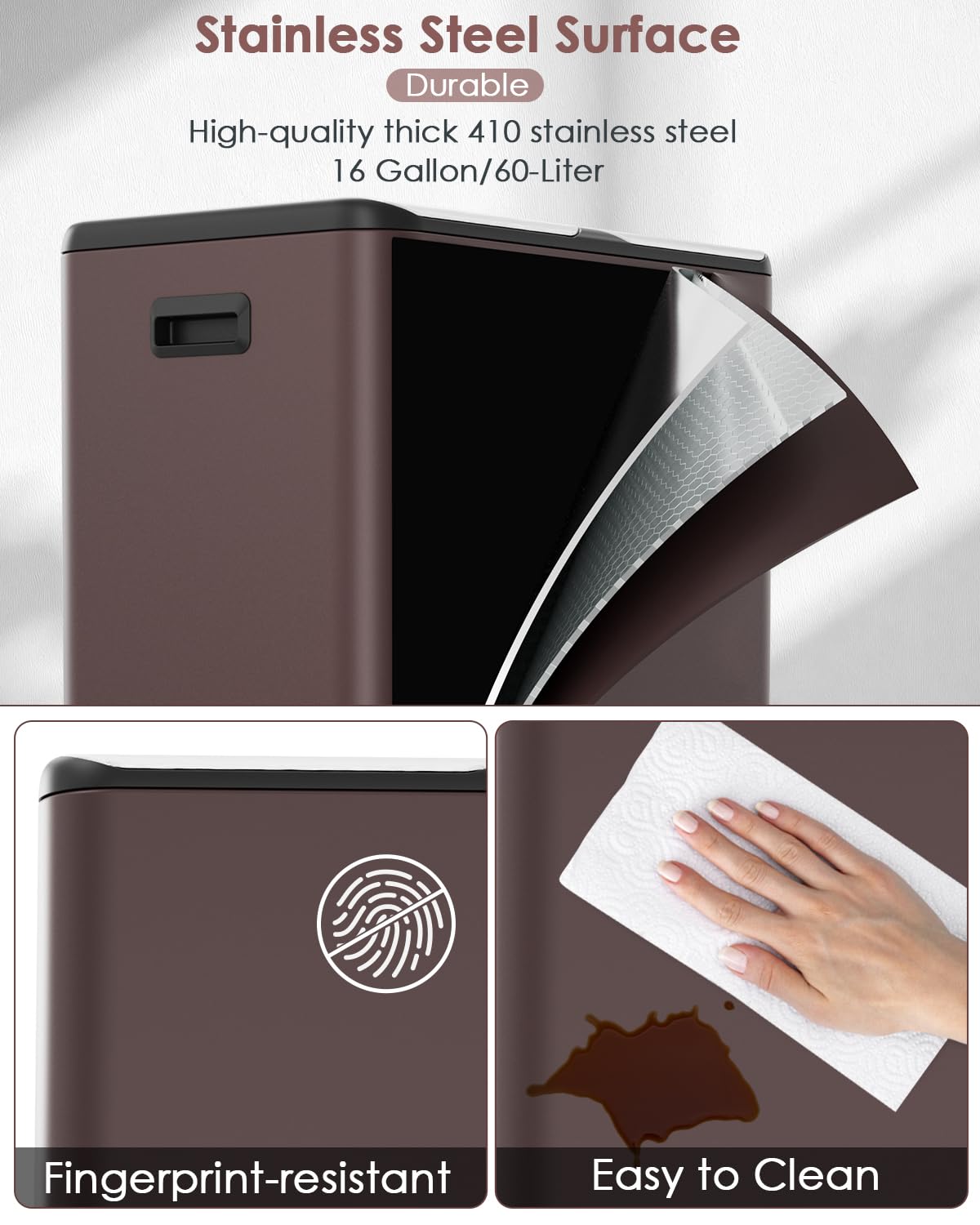 Arlopu 16Gal Dual Trash Can w/2 Built-in Box for Odor Control, Hands-Free Kitchen Garbage Bin, Recycle Waste Dustbin, Soft-Close Lid, 2 Buckets,Foot Pedal, Side Handle, Airtight,for Home Office