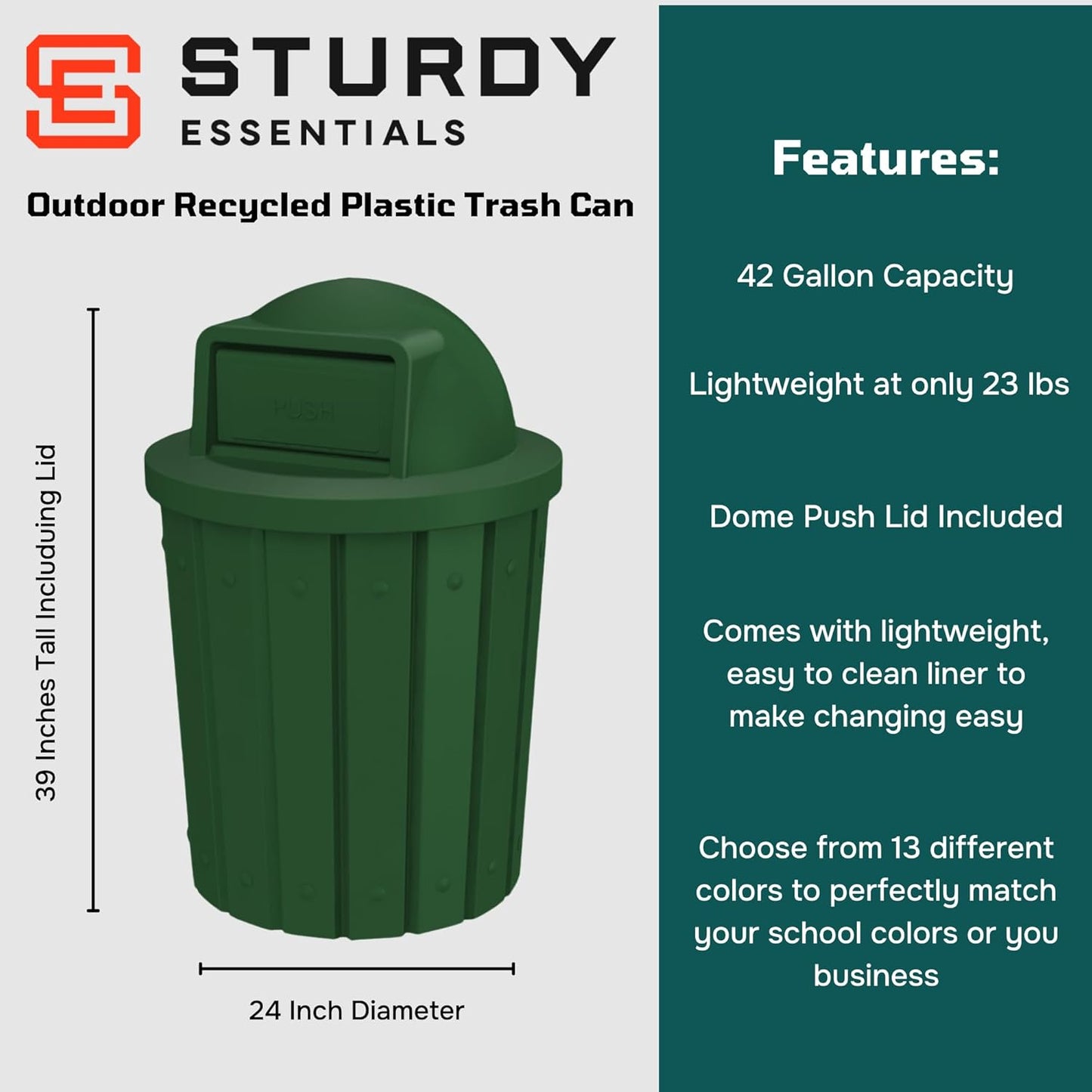 42 Gallon Slatted Circle 100% Recycled Plastic Commercial Outdoor and Indoor Trash Can with Push Open Dome Lid and Internal Liner | Great for Schools and Businesses - Green