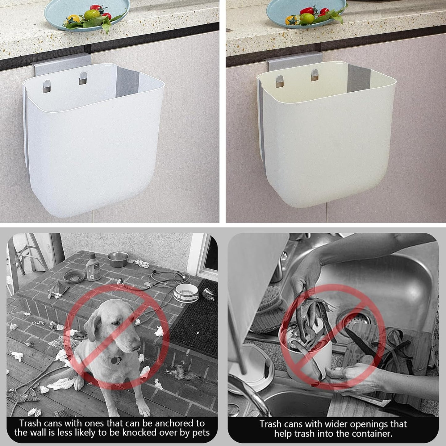 Soddeph 3.2 Gallon Foldable Hanging Trash Can for Cabinet Door,Kitchen Compost Bin,Wall-Mounted Plastic Garbage Can for Countertop or Under Sink, Bathroom and RV,No Lid (White)