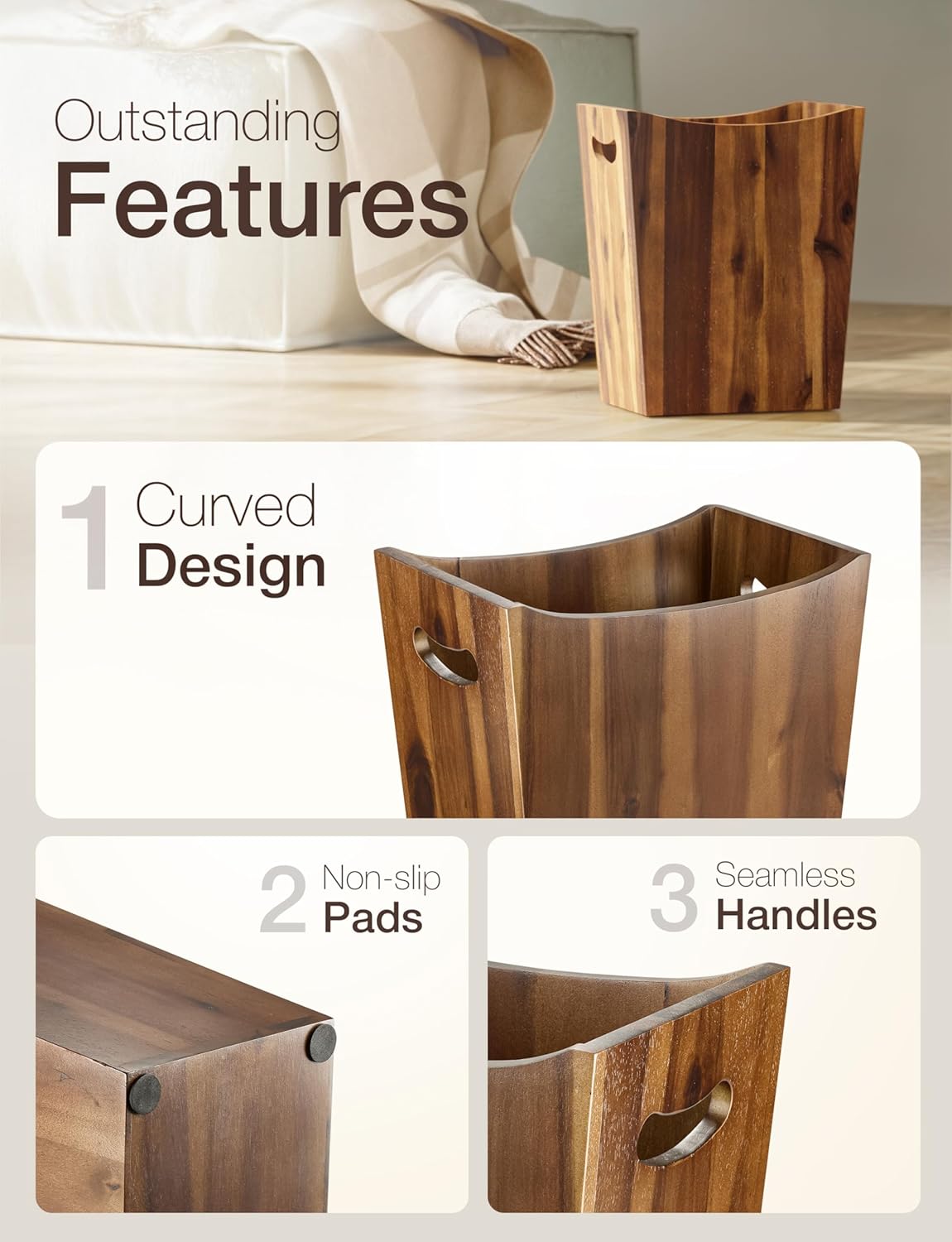 2 Gallons Rectangular Wastebaskets - Acacia Wood Waste Basket with Handles - Small Trash Can for Bathroom - Brown Garbage Bin for Spa Bathroom Decorative, Kitchen Counter, Living Room (Walnut)