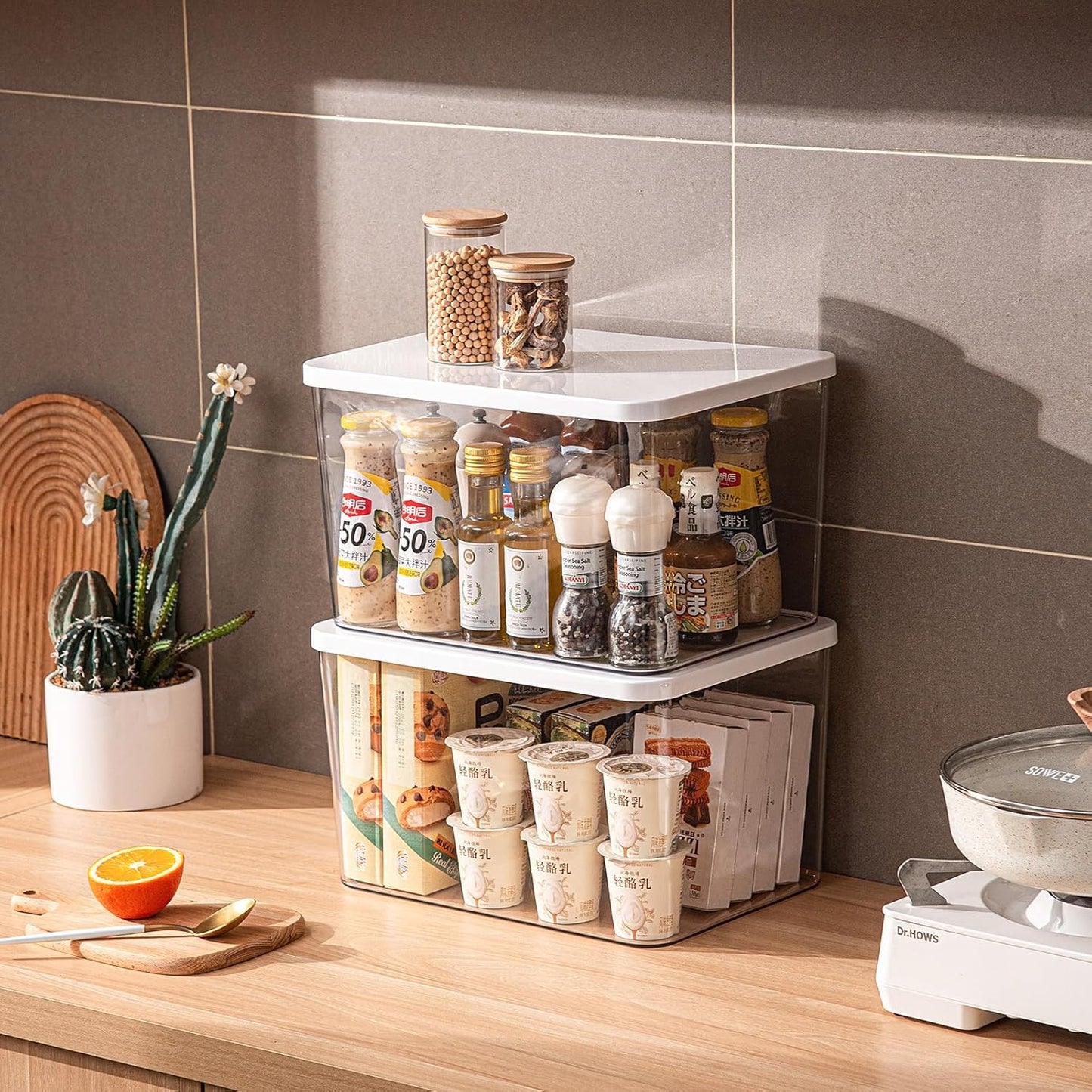 Clear plastic storage bins with LIDS-3packs,storage containers for snacks, cosmetics, books, dog food, Storage Organizer for Nursery，Kitchen, Living room,Bedroom, Bathroom, Office (Clear-White Lid)