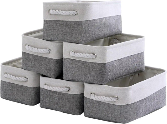 TcaFmac Small Storage Baskets for Shelf 6 Pack Canvas Storage Basket with Handles Fabric Storage Basket for Organizing Storage Bin (White and Grey, 12x8x5")