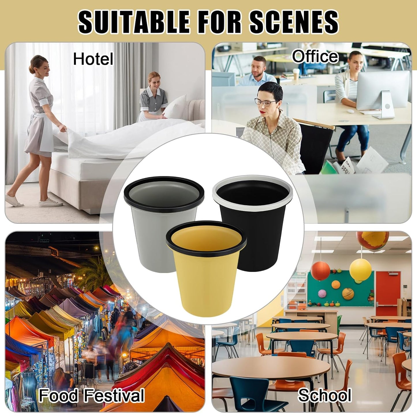 Maxdot 36 Pcs Bathroom Trash Cans Bulk 2 Gallon Small Waste basket Round Garbage Can Plastic Trash Bin Small Container for Home Dorm Kitchen Office Living Room Study Compact Spaces(Black, Beige, Gray)