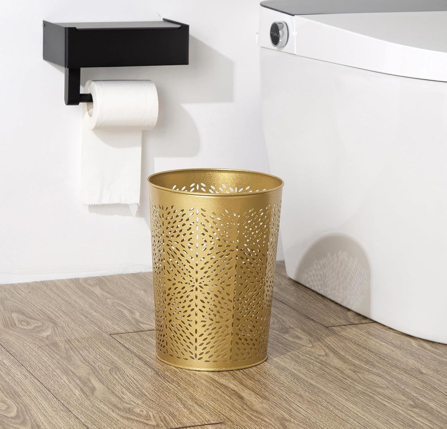Small Gold Metal Trash Can Wastebasket, Decorative Hollow-Out Garbage Can Waste Paper Bin, Modern Farmhouse Round Trash Bin for Bathroom, Bedroom, Kitchen and Office (Floral)