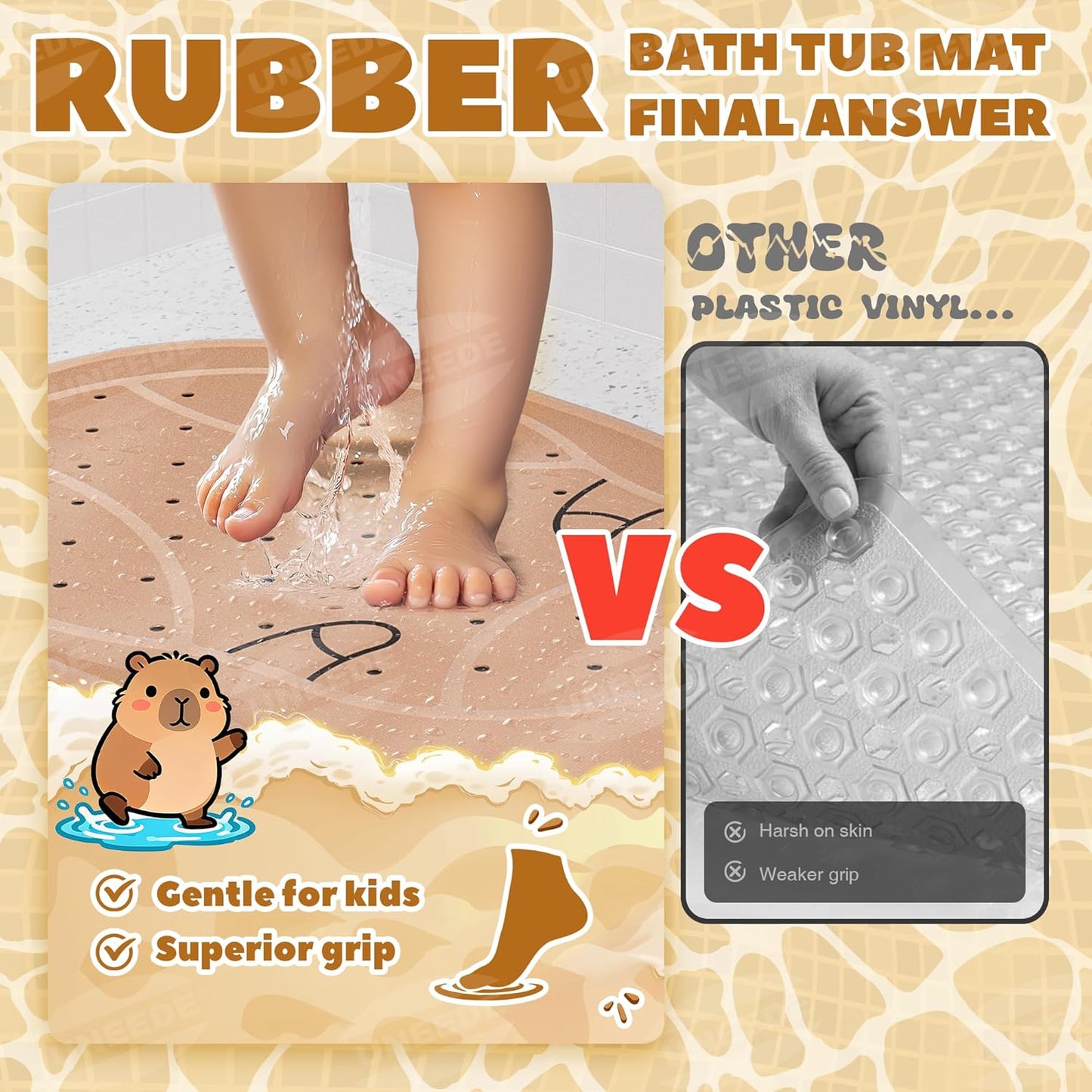 UNEEDE Kids Bathtub Mat Non Slip Shower Mat for Toddlers, Washable Anti Slip Tub Surface, Soft Rubber Mat for Bathtub Shower, Waterproof Bathtub Essentials for Children