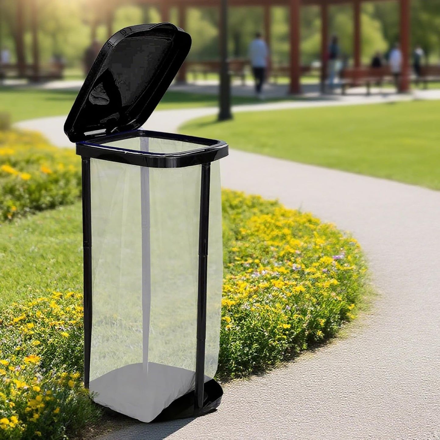 Collapsible Trash Bag Holder Portable Garbage Bin Holder Stand for Kitchen Outside 13 Gallon Plastic Outdoor Trash Can with Lid for Parties and Camping, Black