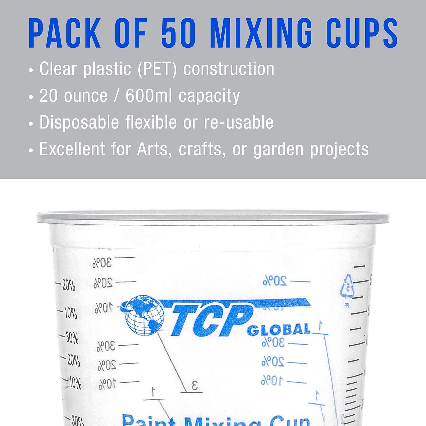 TCP Global 20 oz. (600ml) Graduated Plastic Mixing Cups - Box of 50 with 50 Mixing Sticks - Disposable Plastic Measuring Cups for Liquids, Paints, Resin, Epoxy, Art, Kitchen - Ratios 2-1, 3-1, 4-1 ML
