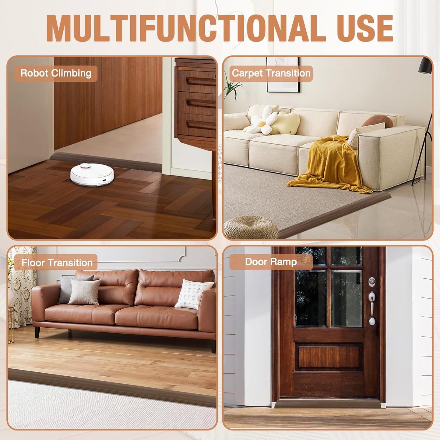 Floor Transition Strip Self Adhesive Vinyl Door Threshold for Doorways Carpet Edging Trim Overlap Edge Reducer for Laminate Floor, Carpet, Tile (Deep Brown Wood Grain, 2/5" to 3/5", 10Ft)