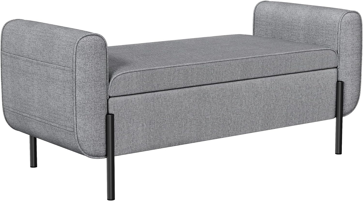 SONGMICS Storage Bench with Armrests, Ottoman for Living Room, Bedroom, Entryway, Steel Legs, Light Gray ULOM072G02
