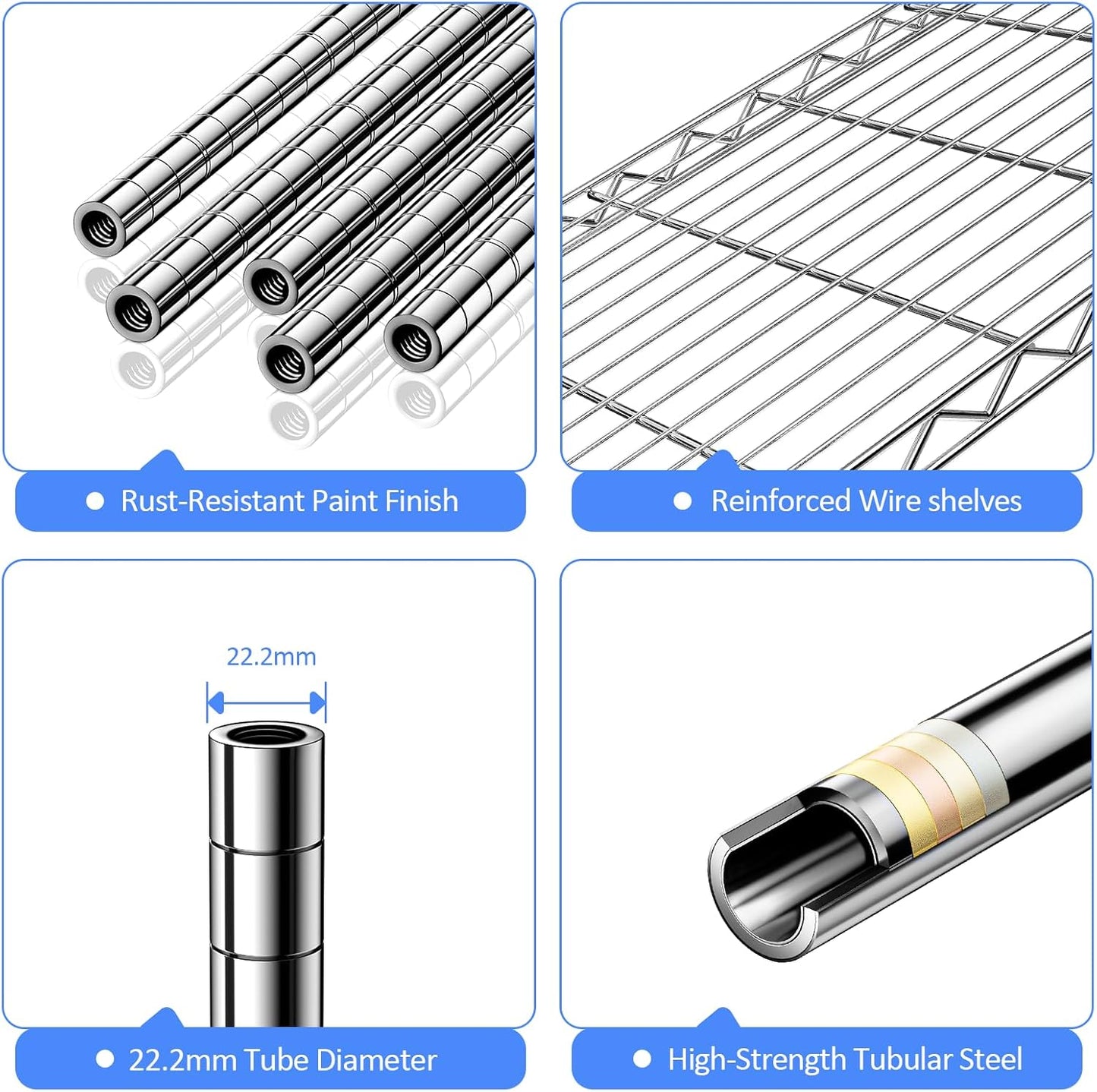 IZEUK 5-Tier Storage Shelving Unit with Wheels, Adjustable Heavy Duty Steel Wire Rack Organizer (Chrome, 17.7" D x 47.2" W x 76.7" H, 1750 lbs Capacity) for Garage, Kitchen, Pantry, Laundry, Basement