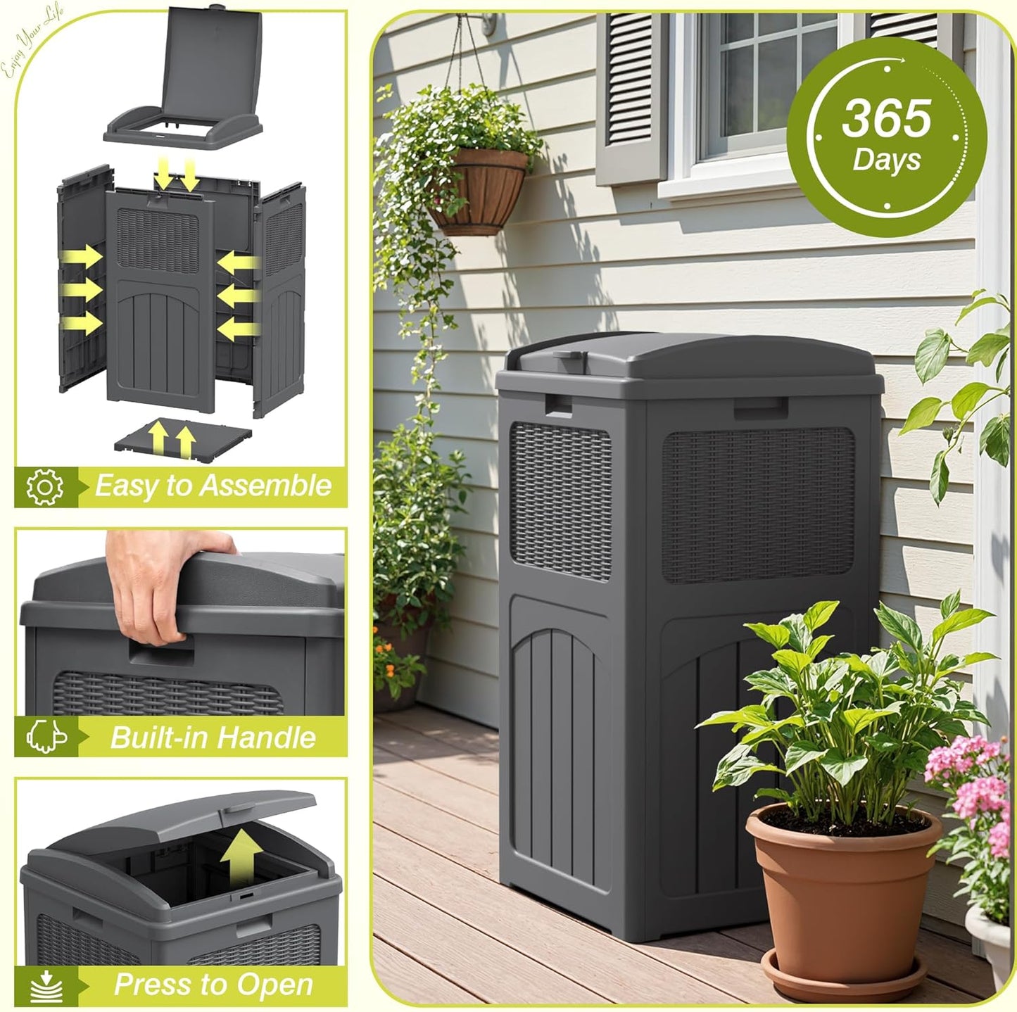 Greesum 33 Gallon Outdoor Trash Can with Lid, Waterproof Resin Garbage Bin for Hideaway, Deck, Patio, 3 Pack, Gray