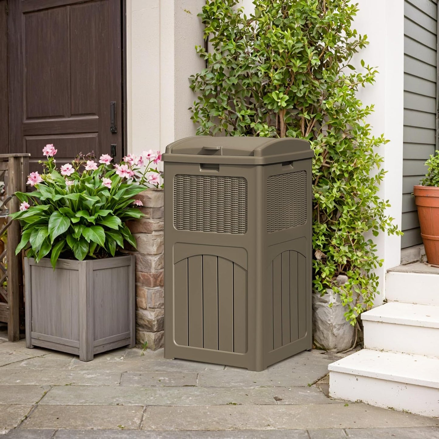 YESHOMY 33 Gallon Resin Outdoor Trash Can with Lid, Hideaway Waterproof Patio Garbage Bin, Coffee