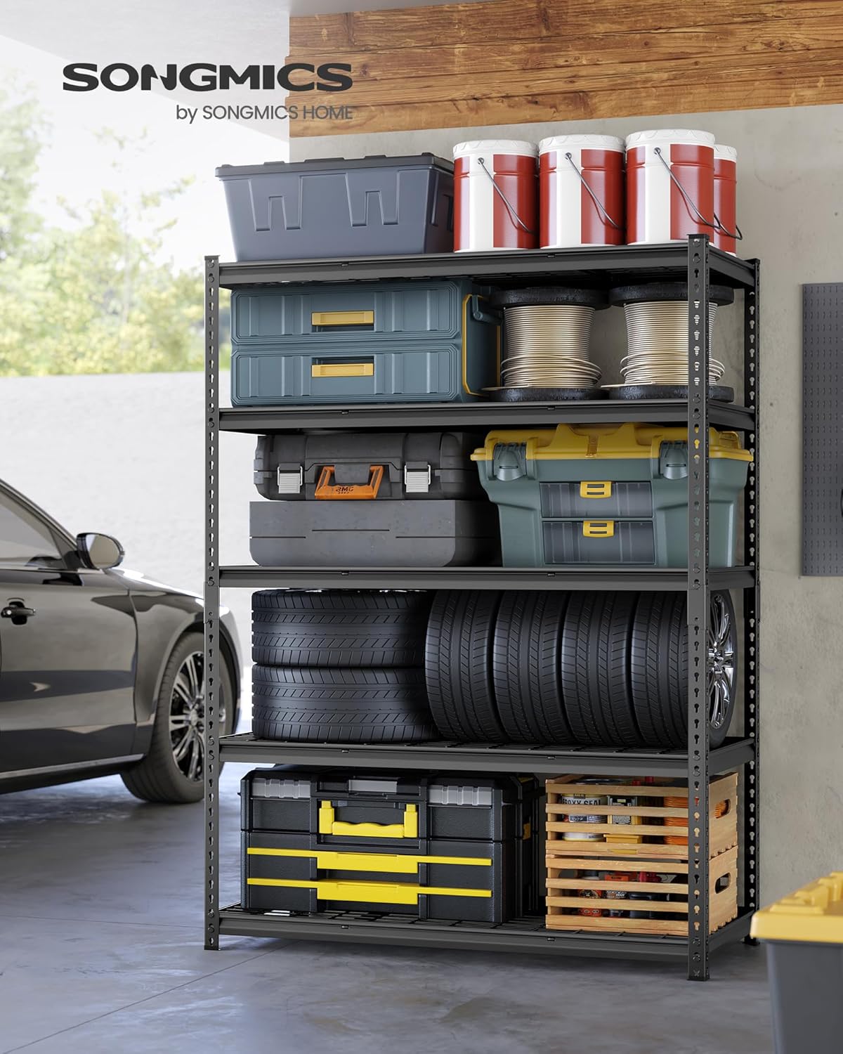 SONGMICS 5-Tier Storage Shelves, Heavy-Duty Garage Shelving, Adjustable Shelving Unit, Steel Shelf, Boltless Assembly, for Garage, 2,200 lb Load, 24 x 96 x 72 Inches, Ink Black UGLR454B02