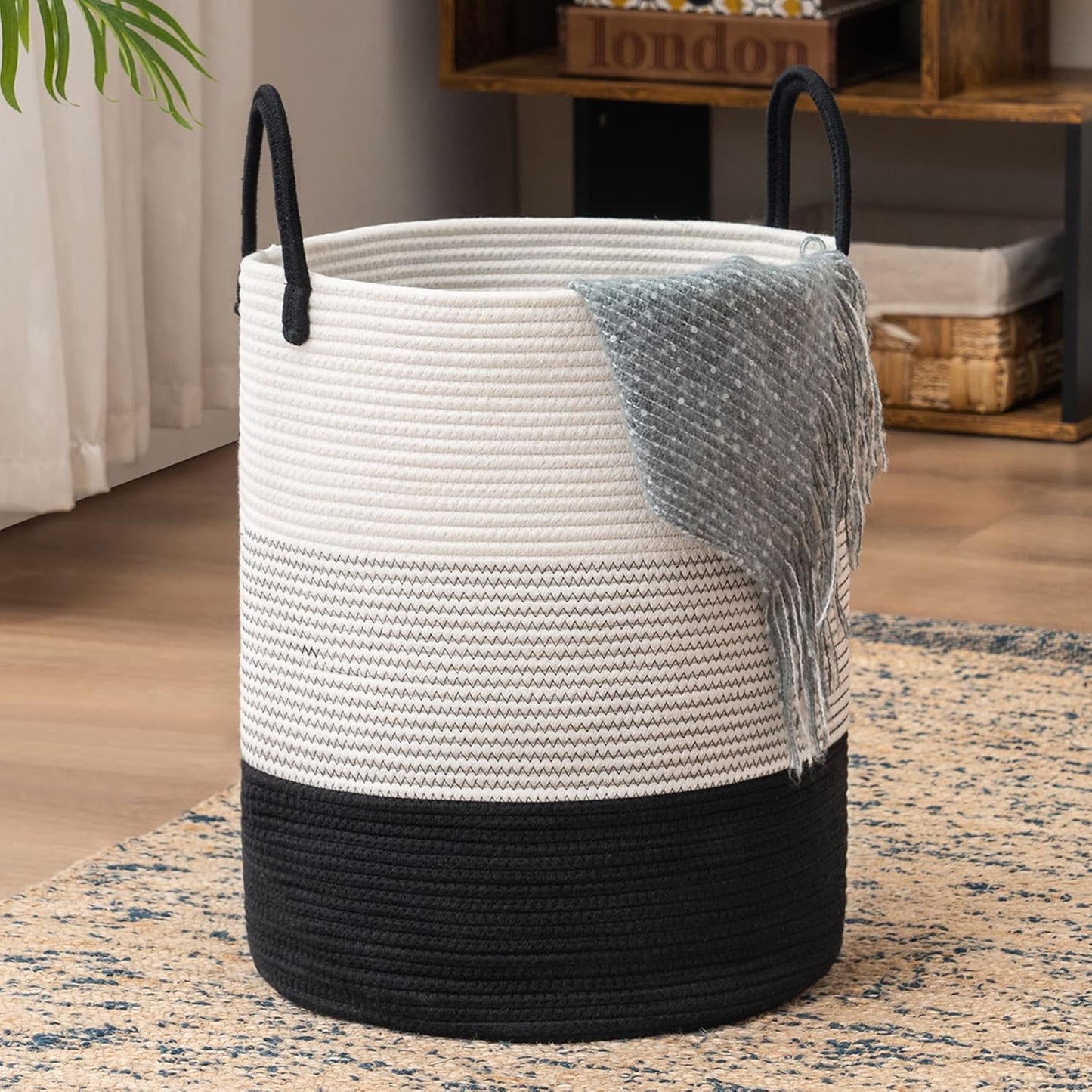 YOUDENOVA Woven Rope Laundry Hamper Basket, 72L Tall Laundry Basket, Baby Nursery Hamper for Blanket Storage in Bedroom-Large-Dark White