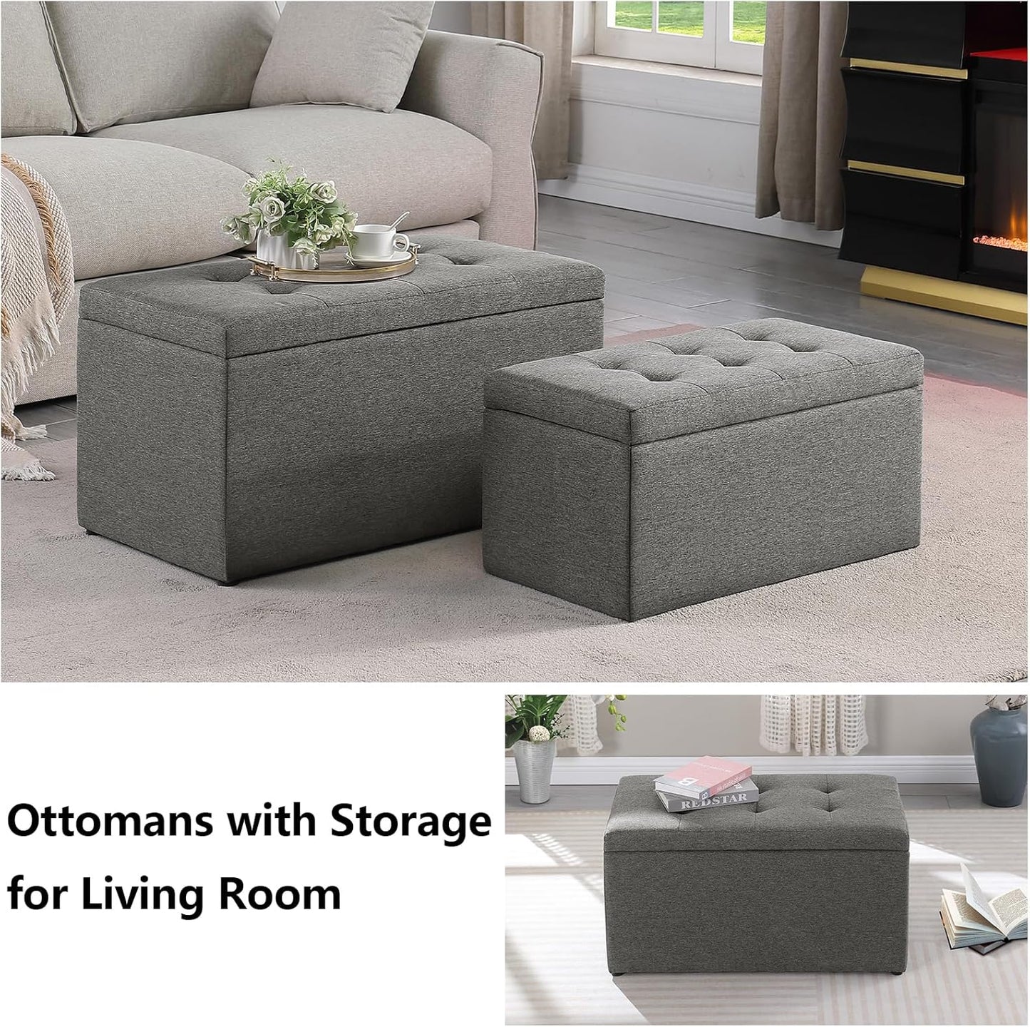 Storage Ottoman Bench with 2.56-inch Thick Seat, 31.5 inch Nesting Ottoman Set of 2, Hinged Flip Top Bench with Storage for Living Room, Bedroom, Light Grey