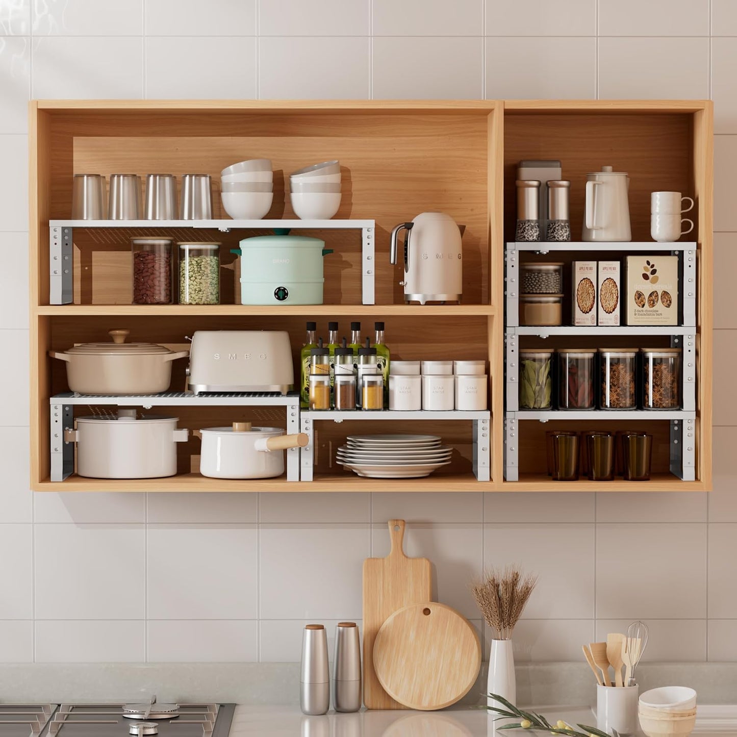 Metal Stackable Expandable Storage Shelf - Multi-Functional Home Storage Shelf, Suitable for Kitchen, Cabinet，Bathroom, Office, Garage, etc.（3PACKS/White/Large