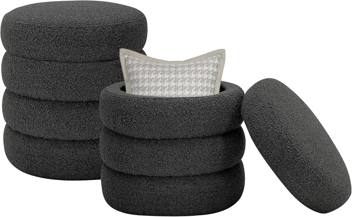 Round Ottoman with Storage Boucle Ottoman Stool with Storage Removable Lid for Living Room Modern Vanity Sorage Stool Foot Rest Bedroom Dorm Gifts Set of 2 (Black)